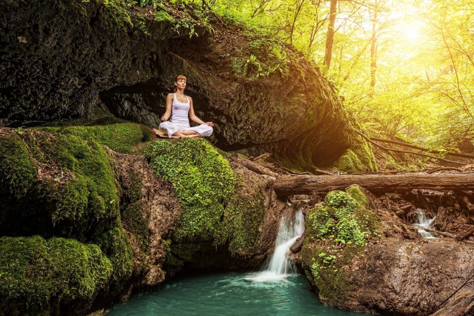 A woman sitting in the middle of a forest.